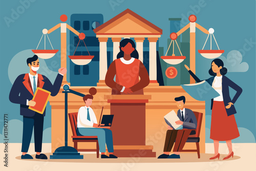 A courtroom session features legal representatives advocating for clients' rights in a supportive environment, Protection of rights and legal support, court,