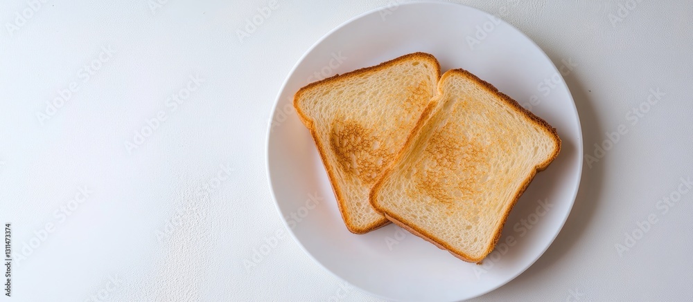Toasted bread slices on a white plate centered on a bright white table surface viewed from above showcasing golden brown crispiness Toasted bread slices on a white plate centered on a bright white table surface viewed from above showcasing golden brown crispiness