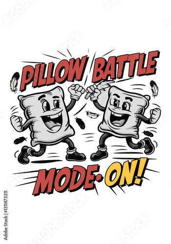 International Pillow Fight Day Vector Illustration | Fun Pillow Battle, Cute Pillow Character, T-Shirt, Poster, Sticker, Social Media Post | Solid Colors, No Gradients