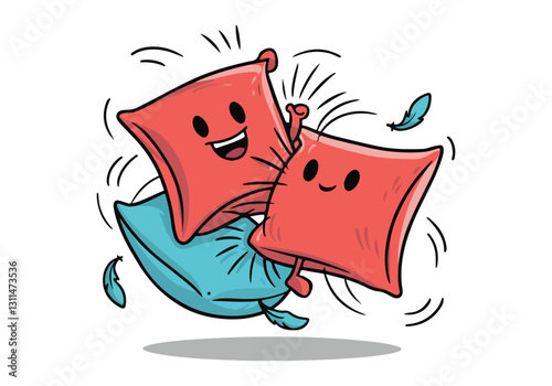 International Pillow Fight Day Vector Illustration | Fun Pillow Battle, Cute Pillow Character, T-Shirt, Poster, Sticker, Social Media Post | Solid Colors, No Gradients
