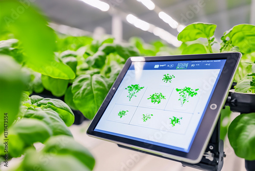 Smart farming concept, close-up of hydroponic plants monitored by a digital tablet displaying growth data