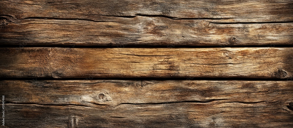 Fototapeta premium Rustic aged wooden planks in varying shades of brown arranged horizontally with deep grooves and texture creating a warm, natural backdrop.
