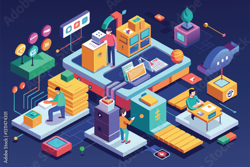 A vibrant isometric illustration showcases a prototyping process, highlighting teamwork and innovation, Prototyping process Customizable Isometric Illustration