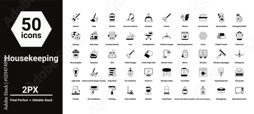 housekeeping icons set such as, broom,cleaning,clean,brush,cleaner,broomstick,halloween,housekeeping,mop,witch,sweeping, vector stock illustration