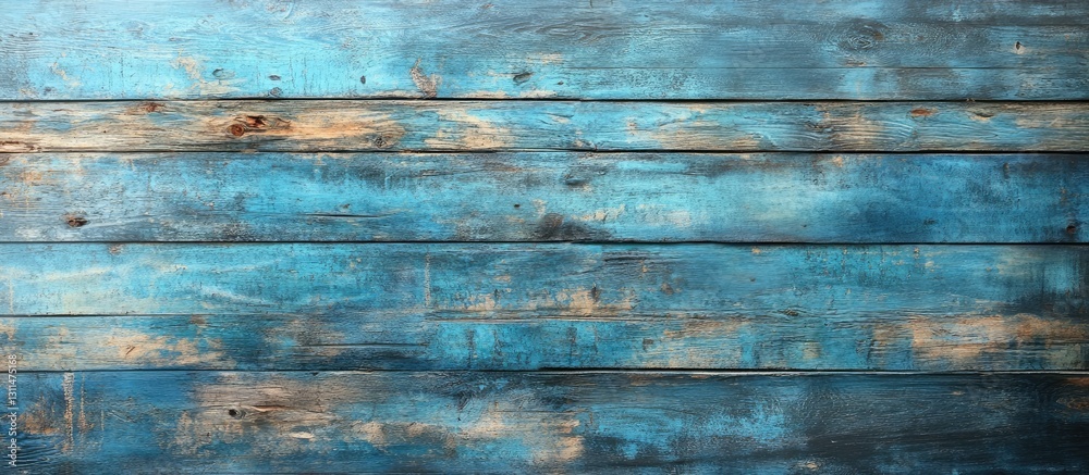Weathered blue wooden planks with intricate textures and subtle brown stains forming an abstract background with a rustic charm for various designs.