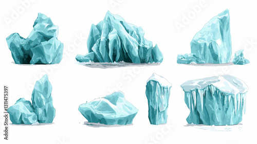 Blue crystal glacier formations. Various arctic ice structures of different heights and sizes, frozen mountain peaks, cliffs and floating fragments for winter game design. Iceberg isolated on white 