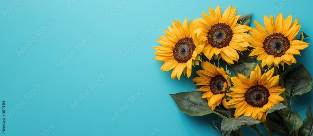 Obraz premium Vibrant sunflowers arranged on a turquoise background with green leaves positioned on the right side creating ample copy space on the left
