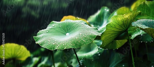 Vibrant green lotus leaves glistening with raindrops under soft rainfall in a lush garden contrasting against blurred greenery in the background