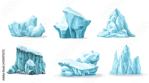 Blue crystal glacier formations. Various arctic ice structures of different heights and sizes, frozen mountain peaks, cliffs and floating fragments for winter game design. Iceberg isolated on white 