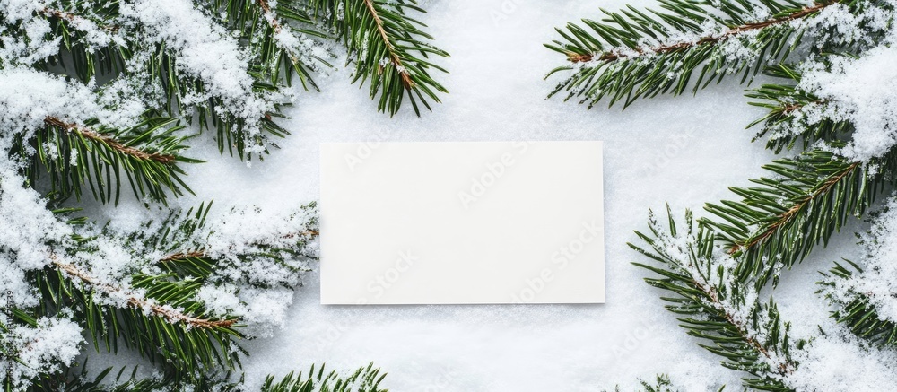 Snow-covered pine branches framing a blank white card on a snowy background evoking a serene winter holiday vibe for New Year decorations. Snow-covered pine branches framing a blank white card on a snowy background evoking a serene winter holiday vibe for New Year decorations.