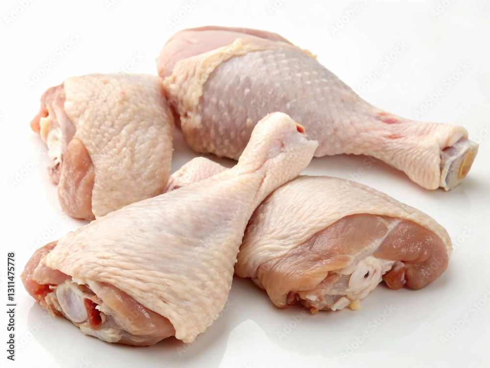 Isolated image of raw chicken drumsticks with a smooth skin texture and natural arrangement, set against a clean white backdrop, suitable for recipe illustrations Isolated image of raw chicken drumsticks with a smooth skin texture and natural arrangement, set against a clean white backdrop, suitable for recipe illustrations