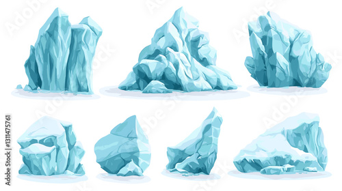 Blue crystal glacier formations. Various arctic ice structures of different heights and sizes, frozen mountain peaks, cliffs and floating fragments for winter game design. Iceberg isolated on white 
