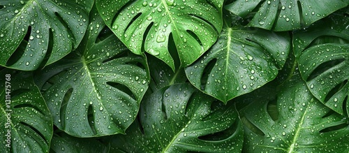 Tropical Monstera leaves with dewdrops in rich green hues arranged in a flat lay composition showcasing a lush botanical texture and freshness