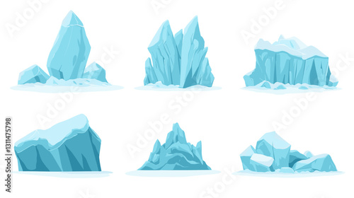 Blue crystal glacier formations. Various arctic ice structures of different heights and sizes, frozen mountain peaks, cliffs and floating fragments for winter game design. Iceberg isolated on white 