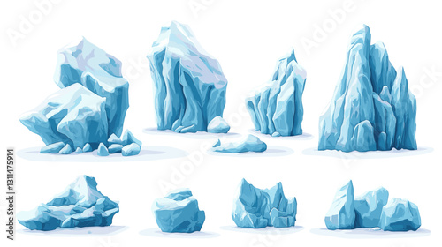Blue crystal glacier formations. Various arctic ice structures of different heights and sizes, frozen mountain peaks, cliffs and floating fragments for winter game design. Iceberg isolated on white 