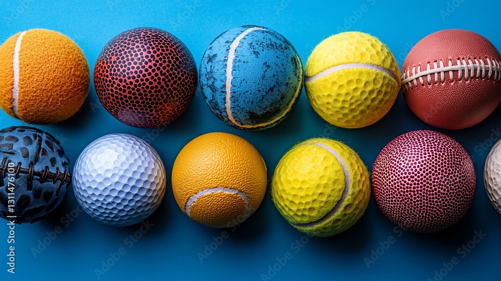 A vibrant array of various sports balls arranged neatly on a blue background, showcasing their textures A vibrant array of various sports balls arranged neatly on a blue background, showcasing their textures