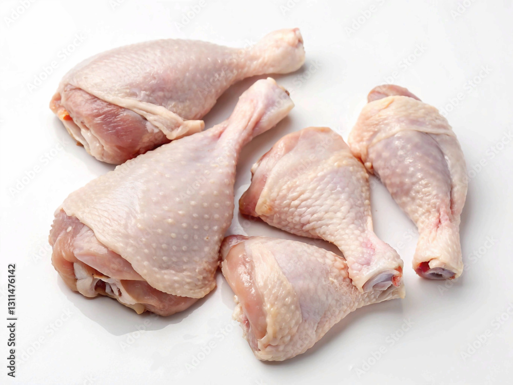 Detailed raw chicken drumsticks with smooth skin and visible bone structure, isolated on a white background for food photography or poultry product images Detailed raw chicken drumsticks with smooth skin and visible bone structure, isolated on a white background for food photography or poultry product images