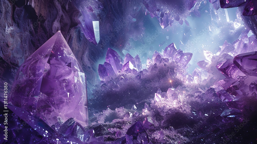 A mystical scene with glowing purple crystals in a cave. A mystical scene with glowing purple crystals in a cave.