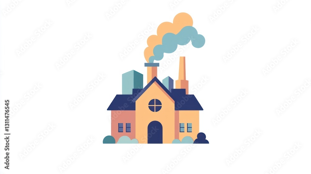 Fototapeta premium Simple illustration of a factory building with smoke. Possible use Educational material, presentation slide, or infographic