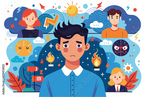 A young man shows visible signs of distress, surrounded by representations of fear and sadness, Psychological problems, fear, sadness, emotional burnout and confusion