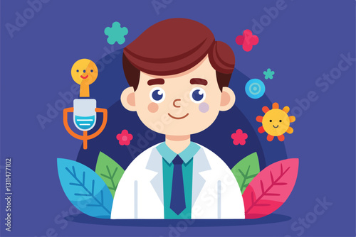 A cheerful psychologist wearing a lab coat is surrounded by vibrant plants and playful icons of mental health, Psychologist Customizable Cartoon Illustration