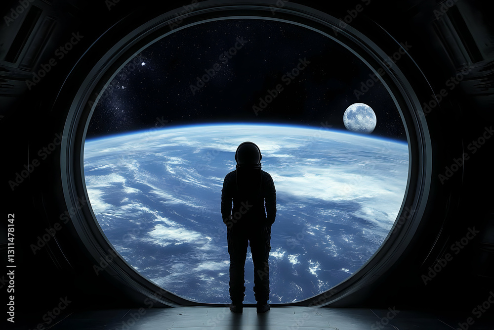 Fototapeta premium Astronaut Silhouette Gazing At Earth And Moon Through Spacecraft