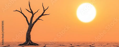 Climate change drought idea. A desolate landscape showcasing a lifeless tree against a vibrant sunset.