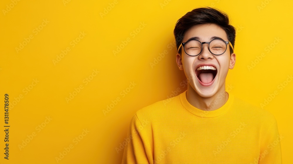 Young man with glasses standing in front of a bright yellow background smiling and looking towards the camera Young man with glasses standing in front of a bright yellow background smiling and looking towards the camera