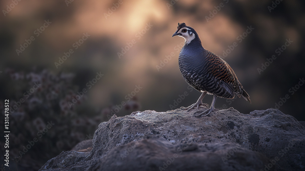 Fototapeta premium Gambel quail perched on rock in warm evening light