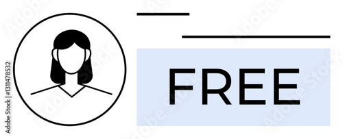 Female avatar in circular icon beside large FREE label. Ideal for branding, subscription offerings, user profiles, promotions, gift cards, tutorials, online content, flat simple metaphor