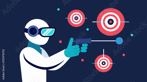 Virtual Target Practice A user in a shooting stance aiming at targets that pop up in front of them with their gloves visibly lighting up as they interact with the targets using
