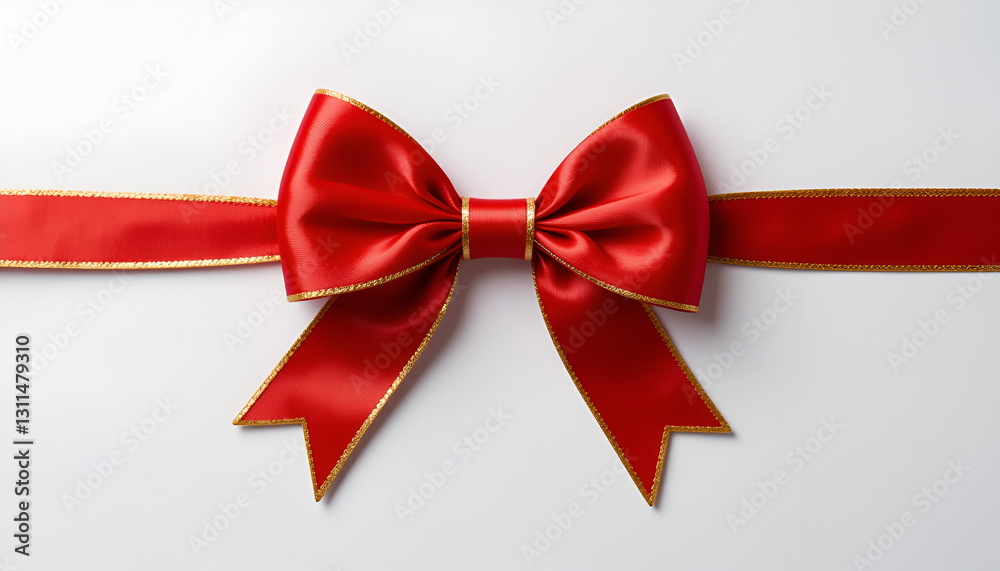 Fototapeta premium Elegant Red Satin Bow with Gold Trim on White Background – Luxury Gift Decoration