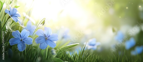 Gentle spring meadow with vibrant blue flowers in the foreground and soft green background illuminated by warm sunlight creating a serene atmosphere