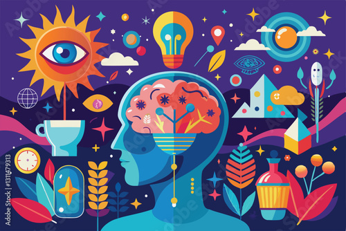 Illustration depicting the mind with symbols representing consciousness, subconsciousness, and psychological concepts, Psychology, consciousness and subconsciousness,