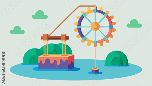 The Water Wheel Revolution A miniature water wheel sits in a small pondlike feature powered by streams of colorful liquid. As the wheel turns it activates a series of pulleys above