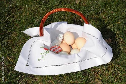 Easter basket with feathers with eggs on the green grass, Poland, Europe photo