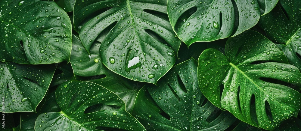 Fototapeta premium Lush green Monstera palm leaves adorned with raindrops, arranged in a flat lay style to create a vibrant textured background.