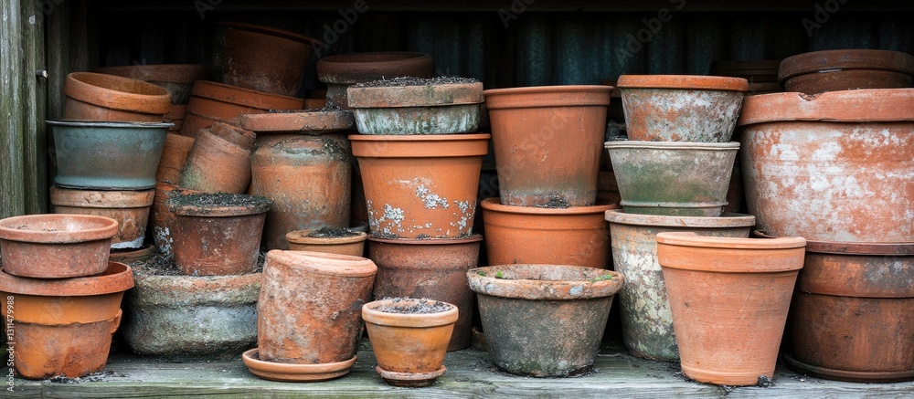 A rustic display of weathered terracotta plant pots in various sizes stacked in a wooden shed with a green backdrop reflecting aged charm. A rustic display of weathered terracotta plant pots in various sizes stacked in a wooden shed with a green backdrop reflecting aged charm.
