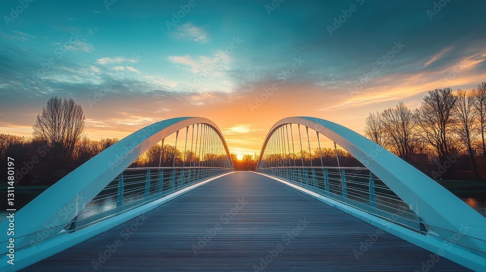 Fototapeta premium Modern Arch Bridge Water Feature at Sunset