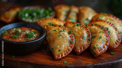 Crispy Empanadas on Wooden Board with Salsa