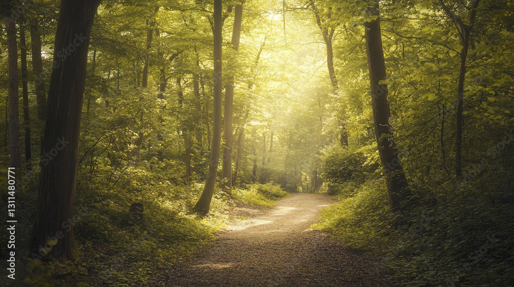 Fototapeta premium Sunlit forest path disappearing into dense trees, creating serene atmosphere