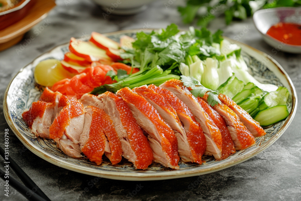 Plate of crispy roasted Peking duck with fresh vegetables Plate of crispy roasted Peking duck with fresh vegetables