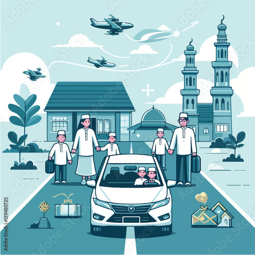 A modern take on the tradition of 'mudik' (homecoming), showing a futuristic self-driving car and family reuniting at home in a sleek flat design