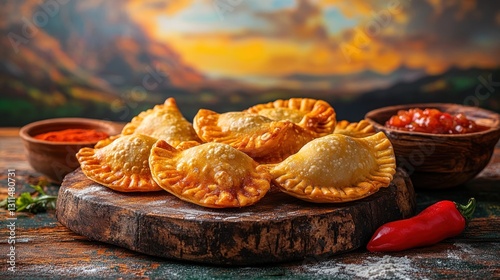 Crispy Empanadas on Wooden Board, Sunset Background