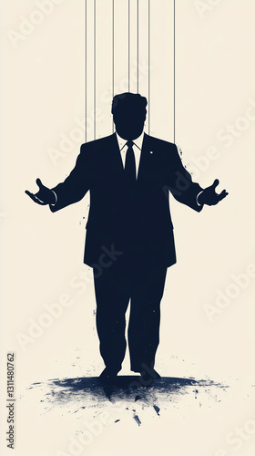 A powerful political or businessman is shown in silhouette with visible puppet or marionette strings, suggesting that he is controlled by an unseen puppet master. Vertical portrait with copy space