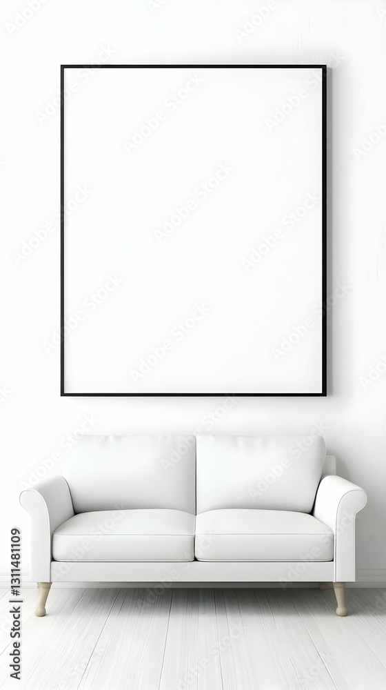 White Sofa And Empty Picture Frame Mockup 3D Illustration Renderings White Sofa And Empty Picture Frame Mockup 3D Illustration Renderings