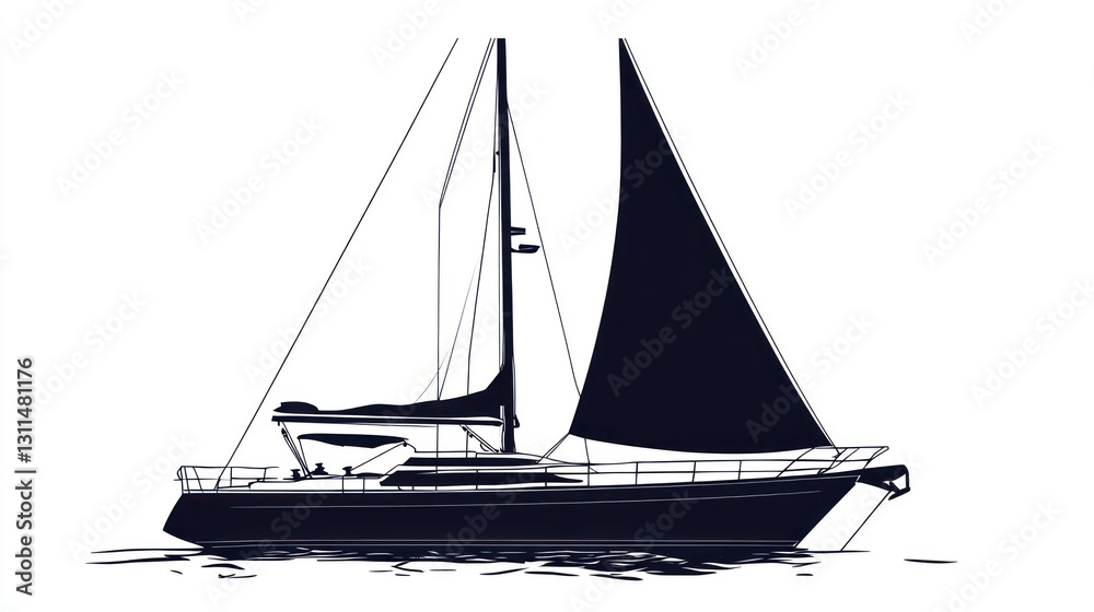 Fototapeta premium A sleek sailboat with a large black sail gliding over calm waters.