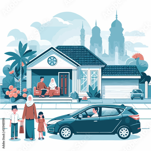 A modern take on the tradition of 'mudik' (homecoming), showing a futuristic self-driving car and family reuniting at home in a sleek flat design