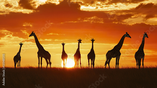 Silhouetted giraffes at sunset in Serengeti with vibrant sky