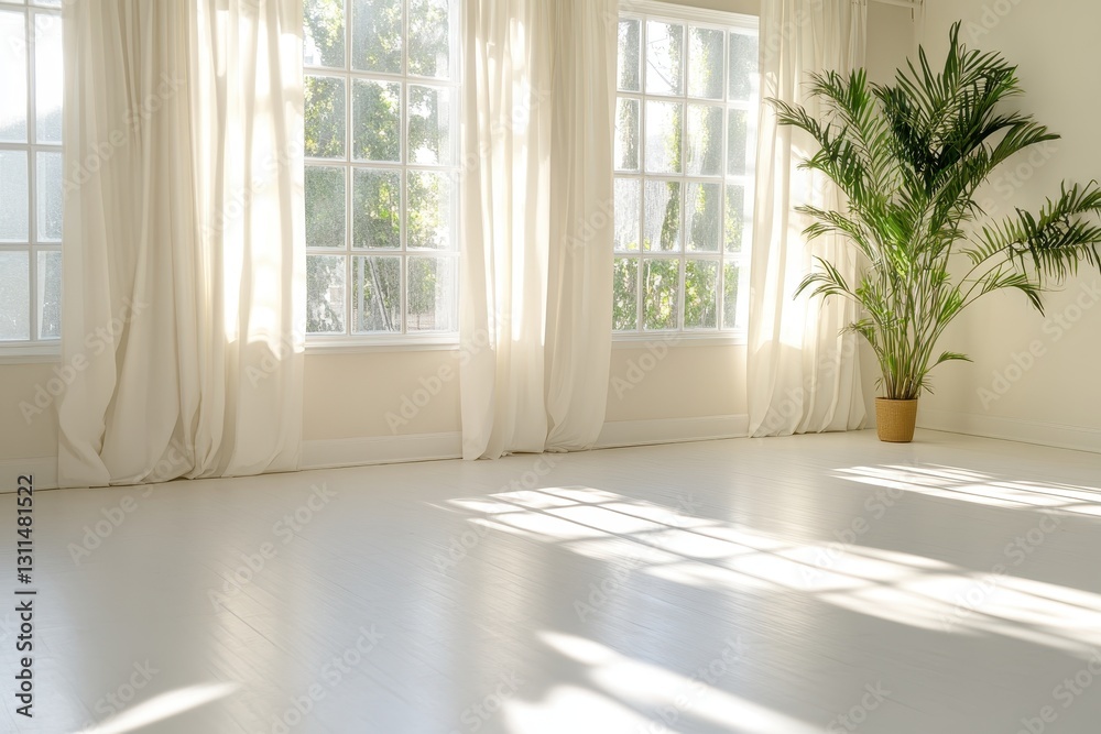 Fototapeta premium Bright Room With Large Windows And Elegant Curtains.